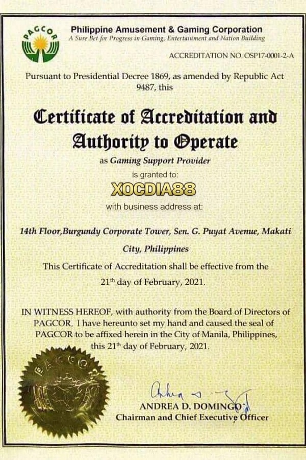 chứng nhận từ PAGCOR